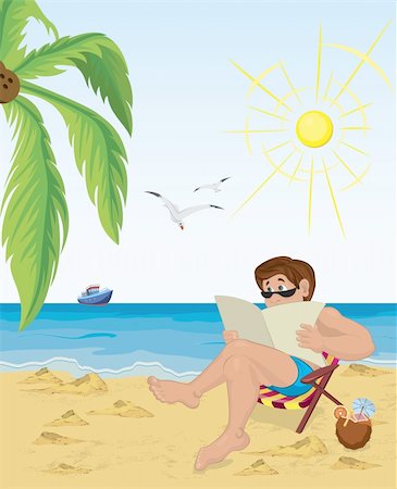 Vector illustration of a man sitting in the chair on the beach reading newspaper Stock Photo - Budget Royalty-Free & Subscription, Code: 400-06408919