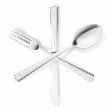 Crossed fork, spoon and knife. Illustration on white Stock Photo - Budget Royalty-Free & Subscription, Code: 400-06409313