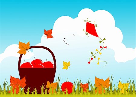 vector basket of apples, fallen leaves and kite, Adobe Illustrator 8 format Stock Photo - Budget Royalty-Free & Subscription, Code: 400-06409334