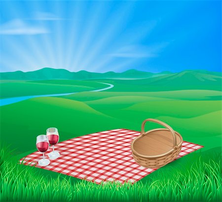 Illustration of a picnic in a beautiful rural scene with wine glasses and wicker basket Stock Photo - Budget Royalty-Free & Subscription, Code: 400-06409357