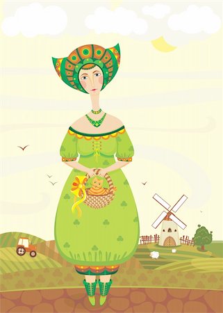 girl in a green dress with a cat in a basket against a rural landscape with a tractor, a mill and sheep Stock Photo - Budget Royalty-Free & Subscription, Code: 400-06409395