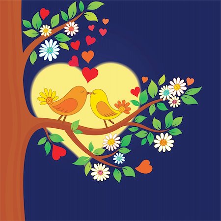 flowers in moonlight - Decorative color vector illustration of two kissing birds in the moonlight Stock Photo - Budget Royalty-Free & Subscription, Code: 400-06409614