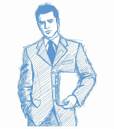 sketching idea - Vector Sketch, comics style man businessman in suit with laptop in his hands, looking on camera Stock Photo - Budget Royalty-Free & Subscription, Code: 400-06409620
