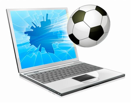 Illustration of a soccer ball or football flying out of a broken laptop computer screen Stock Photo - Budget Royalty-Free & Subscription, Code: 400-06409821