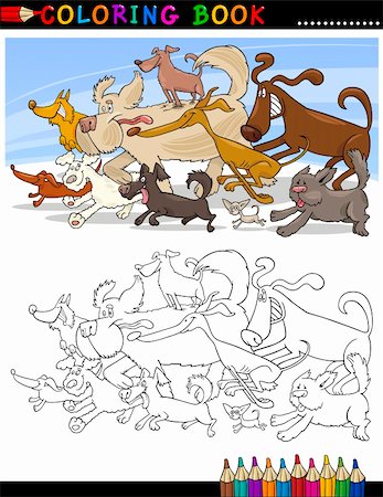 simsearch:400-08048562,k - Malbuch oder Seite Karikatur Illustration Lustig laufen Hunde-Gruppe für Kinder Stockbilder - Microstock & Abonnement, Bildnummer: 400-06414247