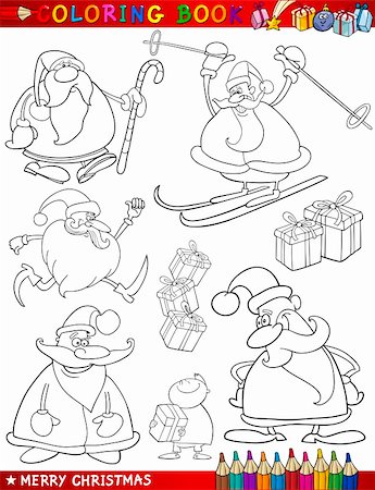 santa claus ski - Coloring Book or Page Cartoon Illustration of Christmas Themes with Santa Claus or Papa Noel and Xmas Decorations and Characters for Children Stock Photo - Budget Royalty-Free & Subscription, Code: 400-06414267