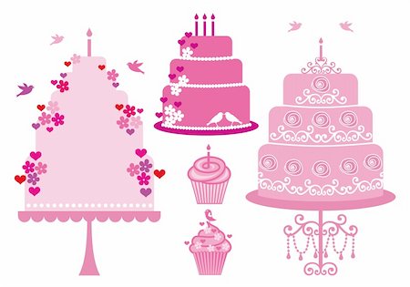 pink cupcake flowers - Cakes and cupcakes with hearts, flowers and birds, vector set Stock Photo - Budget Royalty-Free & Subscription, Code: 400-06414336