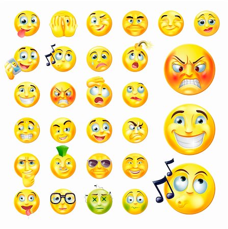 A set of very original emoticon or emoji icons representing lots of reactions, personalities and emotions Stock Photo - Budget Royalty-Free & Subscription, Code: 400-06414339