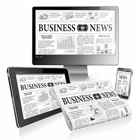 Digital News Concept with Business Newspaper on screen Tablet PC, Full HD Monitor and Smartphone, vector Stock Photo - Budget Royalty-Free & Subscription, Code: 400-06415490