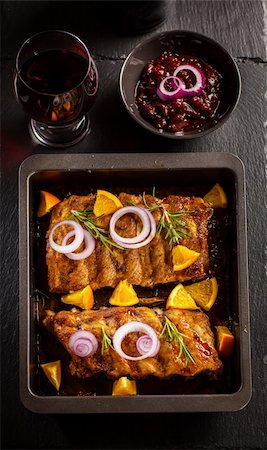 flame grilled pork ribs - Delicious BBQ spare ribs with chutney and wine Stock Photo - Budget Royalty-Free & Subscription, Code: 400-06416347