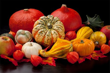 simsearch:400-05674539,k - Still life for Thanksgiving with pumpkins on black background Stock Photo - Budget Royalty-Free & Subscription, Code: 400-06416352