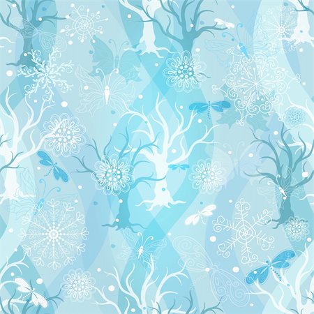 Winter repeating pattern with transparent snowflakes, trees and butterflies (vector EPS 10) Stock Photo - Budget Royalty-Free & Subscription, Code: 400-06418108