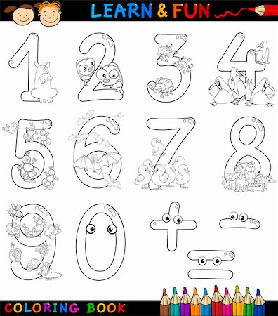 Cartoon Coloring Book or Page Illustration of Numbers Signs from Zero to Nine with Animals Characters for Children Education and Fun Stock Photo - Budget Royalty-Free & Subscription, Code: 400-06419045