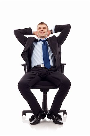 feedough (artist) - Homme d'affaires détendu assis dans son fauteuil de bureau, renversant légèrement avec les deux paumes appui tête, isolé. Photographie de stock - Aubaine LD & Abonnement, Code: 400-06419127