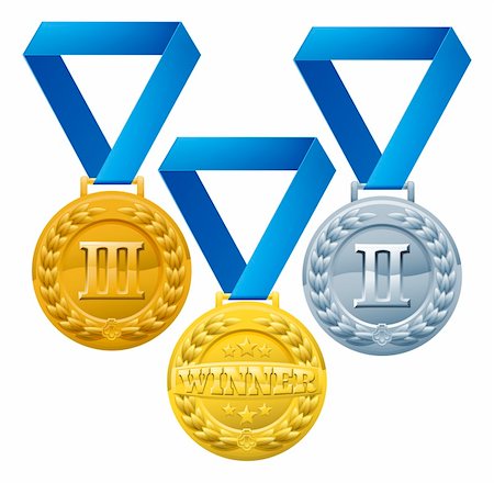 Illustration of three medals on blue ribbons. Bronze silver and gold winners awards Stock Photo - Budget Royalty-Free & Subscription, Code: 400-06419702