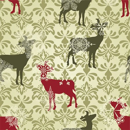 vector Christmas  seamless vintage wallpaper pattern with falling snowflakes and deers, fully editable eps 8 file with clipping mask and patterns in swatch menu Stock Photo - Budget Royalty-Free & Subscription, Code: 400-06410722