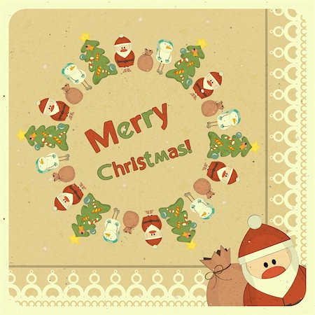 Santa Claus, snowman and Christmas tree on vintage background, Merry Christmas postcard in Retro style - vector illustration Fotografie stock - Microstock e Abbonamento, Codice: 400-06410744