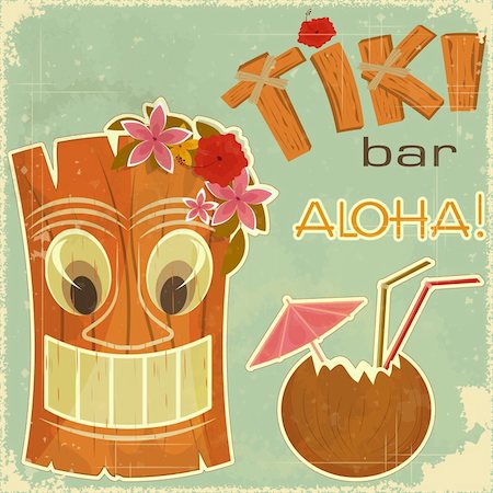 Vintage Hawaiian postcard - invitation to Tiki Bar - vector illustration Stock Photo - Budget Royalty-Free & Subscription, Code: 400-06410745