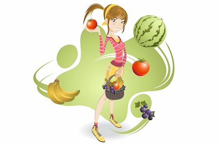 escova (artist) - Lächelnd hübsche Mädchen Holding Korb voller Früchte Stockbilder - Microstock & Abonnement, Bildnummer: 400-06410946