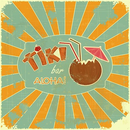 Vintage Hawaiian postcard - Retro Design Tiki Bar Menu with hand drawn text Aloha and Tiki - vector illustration Stock Photo - Budget Royalty-Free & Subscription, Code: 400-06410964
