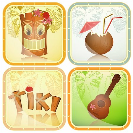 simsearch:400-04347146,k - Set of Hawaiian icons - tiki, ukulele, hibiscus  - vector illustration Fotografie stock - Microstock e Abbonamento, Codice: 400-06410966