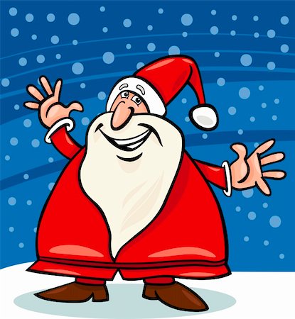 simsearch:400-07062650,k - Cartoon Illustration of Happy Christmas Santa Claus or Papa Noel against Evening Sky and Snow Fotografie stock - Microstock e Abbonamento, Codice: 400-06411512