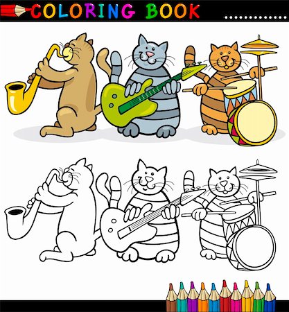 Coloring Book or Page Cartoon Illustration of Funny Cats Music Band for Children Stock Photo - Budget Royalty-Free & Subscription, Code: 400-06411531