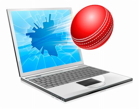 Illustration of a cricket ball flying out of a broken laptop computer screen Stock Photo - Budget Royalty-Free & Subscription, Code: 400-06412194