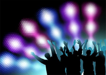people dancing in night club with arms in air - Colored Nightlife - Dance Party Background, Vector Illustration Stock Photo - Budget Royalty-Free & Subscription, Code: 400-06413109
