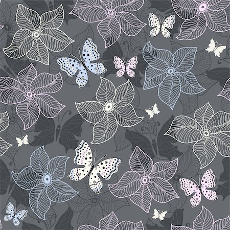 simsearch:400-05922161,k - Répétition motif floral gris pastels fleurs et papillons (vecteur) Photographie de stock - Aubaine LD & Abonnement, Code: 400-06413172