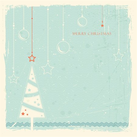 red christmas invitation - Illustration of a stylised Christmas tree with with hanging Christmas ornaments on pale blue grunge background. Space for your text. Stock Photo - Budget Royalty-Free & Subscription, Code: 400-06413216