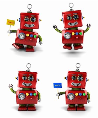 simsearch:400-07301158,k - Little vintage toy robot set jumping and waving over white background Fotografie stock - Microstock e Abbonamento, Codice: 400-06413218