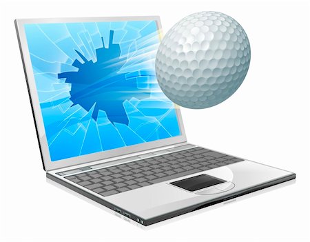 Illustration of a golf ball flying out of a broken laptop computer screen Stock Photo - Budget Royalty-Free & Subscription, Code: 400-06413232