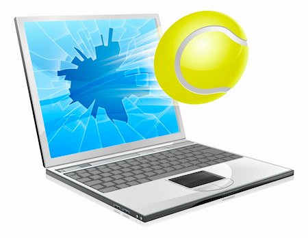 Illustration of a tennis ball flying out of a broken laptop computer screen Stock Photo - Budget Royalty-Free & Subscription, Code: 400-06413411