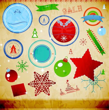 Vintage Christmas decoration pack. Snowflakes, stars, tags, badges. Eps10 vector illustration. Stock Photo - Budget Royalty-Free & Subscription, Code: 400-06413870