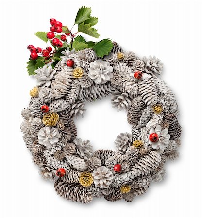 pine wreath on white - White Christmas door wreath decoration with cones, hawthorn branch and berries Stock Photo - Budget Royalty-Free & Subscription, Code: 400-06424107