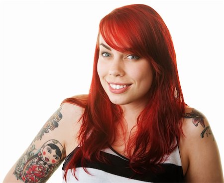 Glückliche Frau in rotes Haar mit russischen Puppe tattoo Stockbilder - Microstock & Abonnement, Bildnummer: 400-06424197