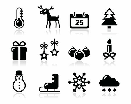 Xmas icons set with reflection - snowman, present, christmas tree, reindeer Stock Photo - Budget Royalty-Free & Subscription, Code: 400-06424761