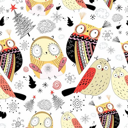 pattern art owl - seamless pattern of owls and trees on a white background Stock Photo - Budget Royalty-Free & Subscription, Code: 400-06425370