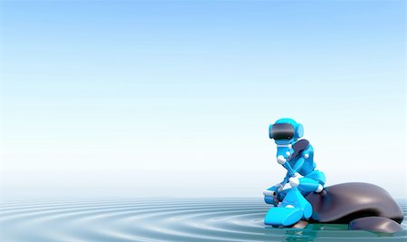 symbol present - 3d illustration robot on a stone in the water Stock Photo - Budget Royalty-Free & Subscription, Code: 400-06425475