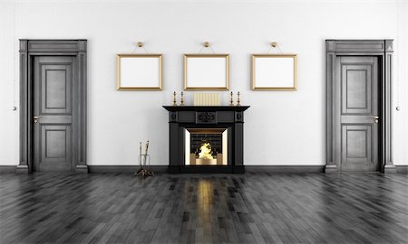 simsearch:400-06396983,k - Classic black fireplace in a vintage livingroom with two wooden doors - rendering Stock Photo - Budget Royalty-Free & Subscription, Code: 400-06425696