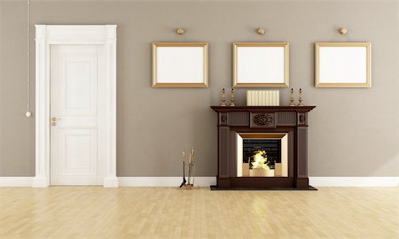 simsearch:400-06396983,k - Classic brown fireplace in a vintage livingroom with wooden  doors - rendering Stock Photo - Budget Royalty-Free & Subscription, Code: 400-06425697