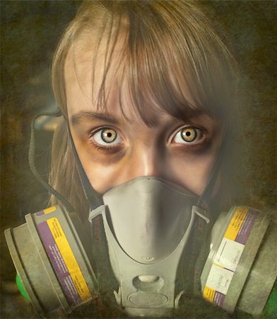 Une illustration image d'une jeune fille portant un masque à gaz, illuding à un post apocalyptique ou post scénario nucléaire ou d'un monde tellement toxique que l'homme doit porter de masque ainsi. L'image est un gros plan du visage et masque. Photographie de stock - Aubaine LD & Abonnement, Code: 400-06425976