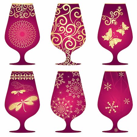 Set of purple Christmas glasses with gold decorative pattern on white (vector) Stock Photo - Budget Royalty-Free & Subscription, Code: 400-06426206