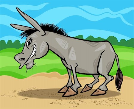 simsearch:400-09050259,k - Cartoon Illustration of Funny Donkey Farm Animal against Blue Sky and Field Foto de stock - Royalty-Free Super Valor e Assinatura, Número: 400-06426322