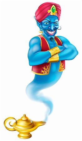 Illustration of a wicked looking Jinn or genie coming out of a classic gold magic oil lamp like the one in the Aladdin story Stock Photo - Budget Royalty-Free & Subscription, Code: 400-06427176