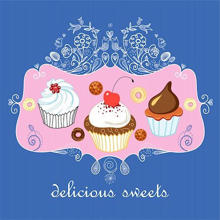 dessert to sketch - bright background with a border of decorative and delicious sweets on blue Stock Photo - Budget Royalty-Free & Subscription, Code: 400-06427200