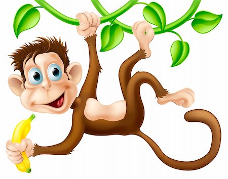 A cute monkey swinging from vines with a banana in his hand Stock Photo - Budget Royalty-Free & Subscription, Code: 400-06427686