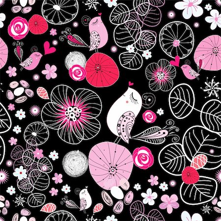 simsearch:400-06524884,k - Seamless bright pink floral pattern with birds on a black background Foto de stock - Super Valor sin royalties y Suscripción, Código: 400-06428200