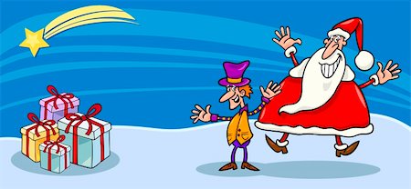 simsearch:400-08260733,k - Salutation carte Cartoon Illustration du père Noël ou Papa Noel avec l'elfe de Noël et les cadeaux Photographie de stock - Aubaine LD & Abonnement, Code: 400-06428302